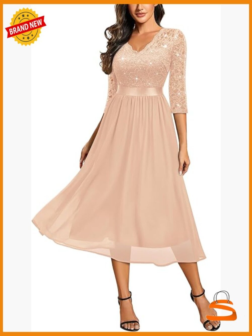 Elegant V Neck Sequin Lace Sleeve Bridesmaid Party A-line Dress